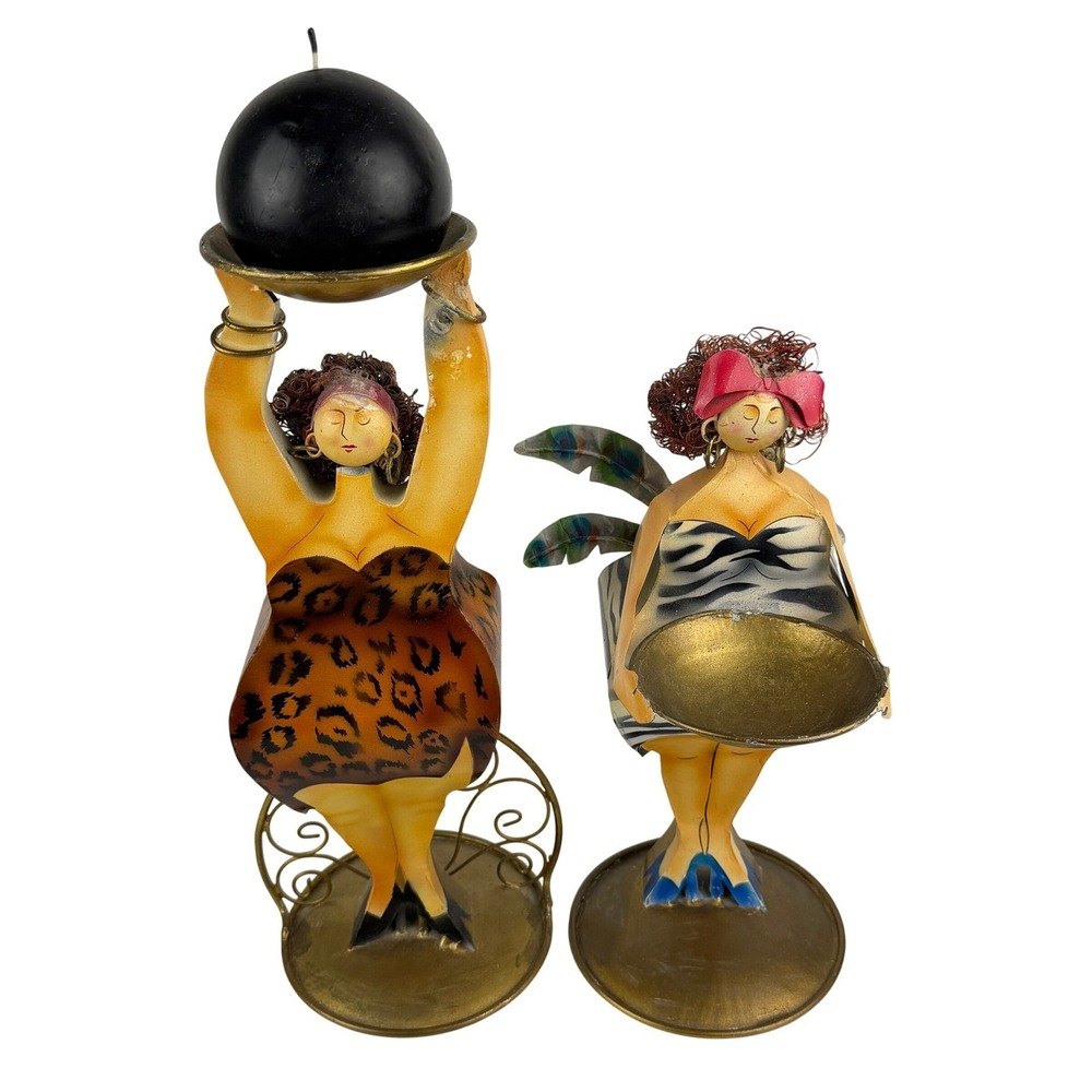 Vintage Philippines Metal Lady Candle Holders Leopard Zebra Folk Art Pair 15"